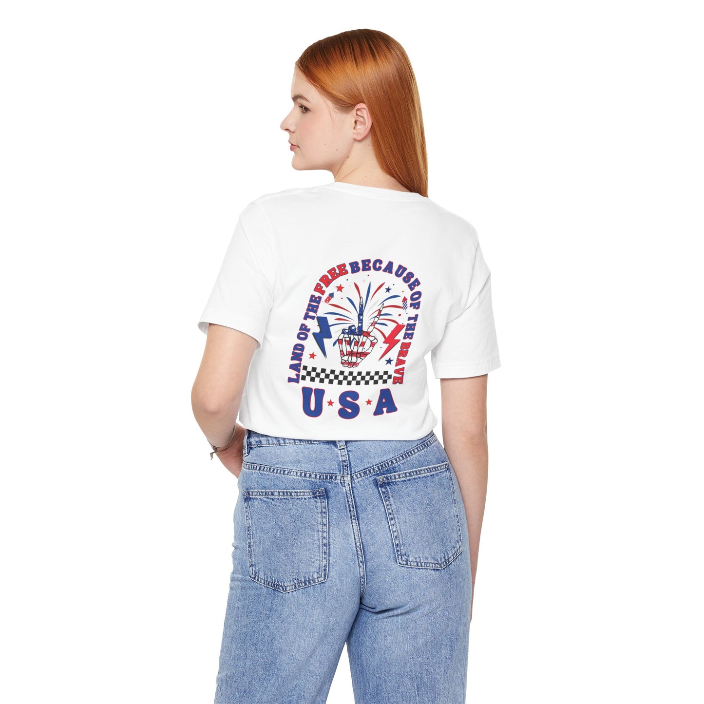 Patriotic Skeleton Peace Hand (Front & Back) Unisex Jersey Short Sleeve Tee