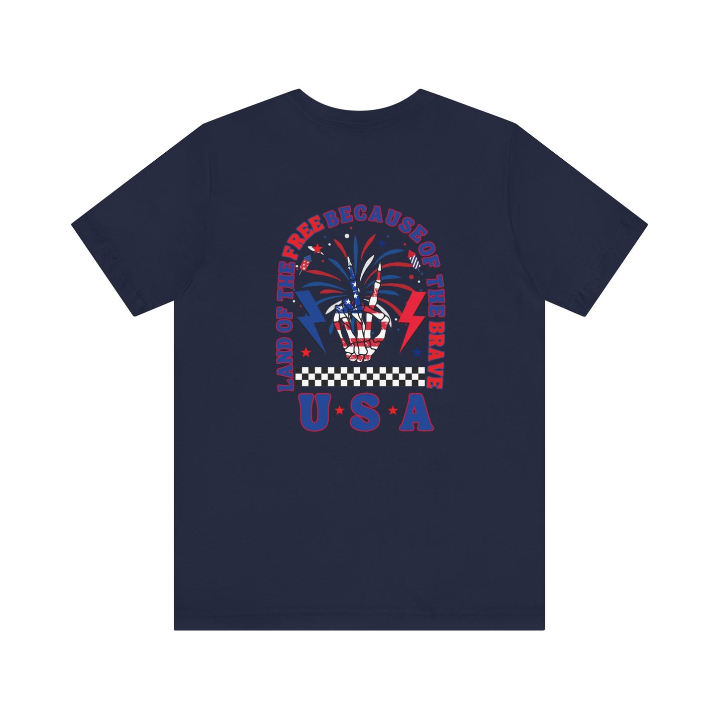 Patriotic Skeleton Peace Hand (Front & Back) Unisex Jersey Short Sleeve Tee