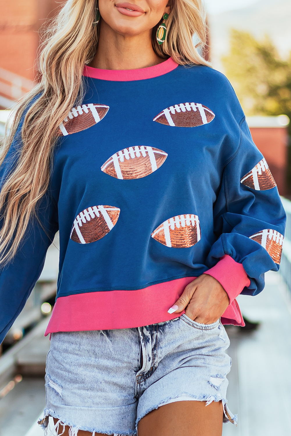 Blue Sequin Football Color Block Bubble Sleeve Sweatshirt