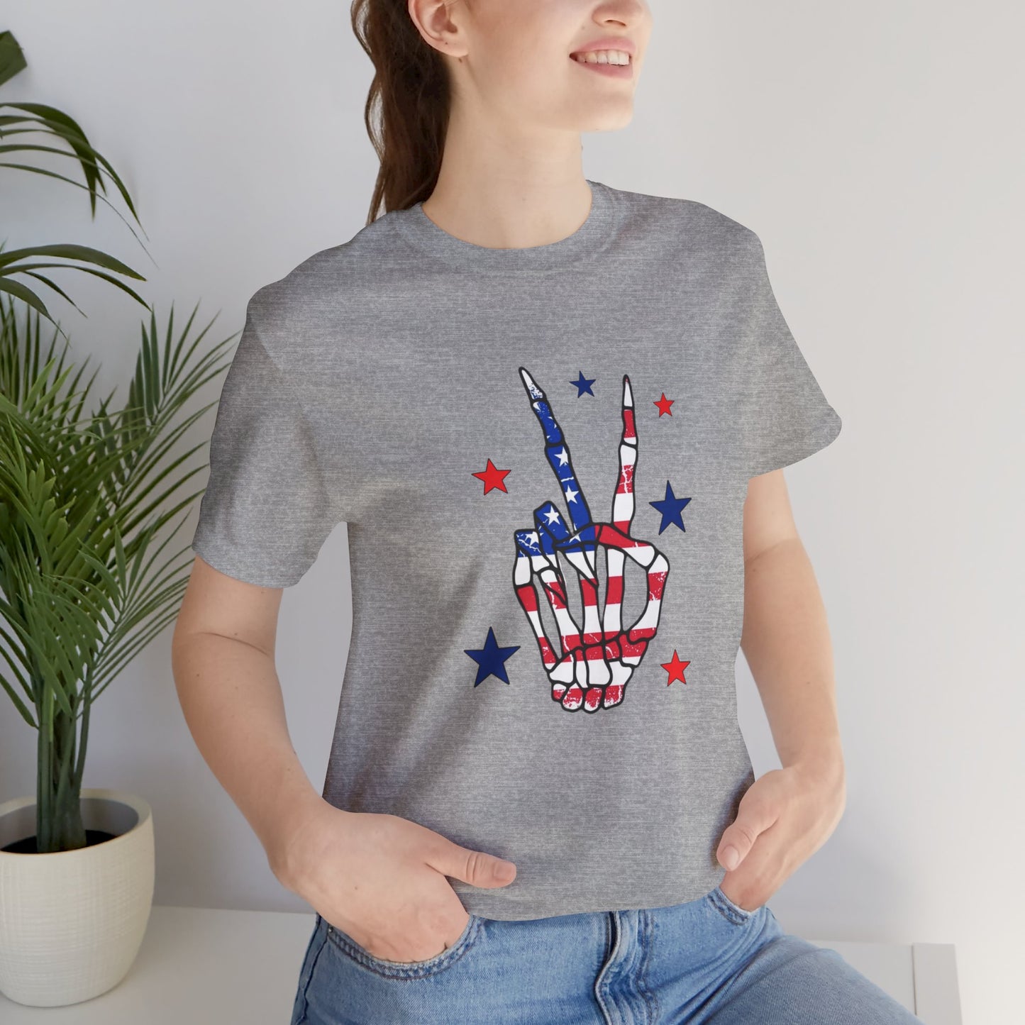 Patriotic Skeleton Peace Hand Unisex Jersey Short Sleeve Tee