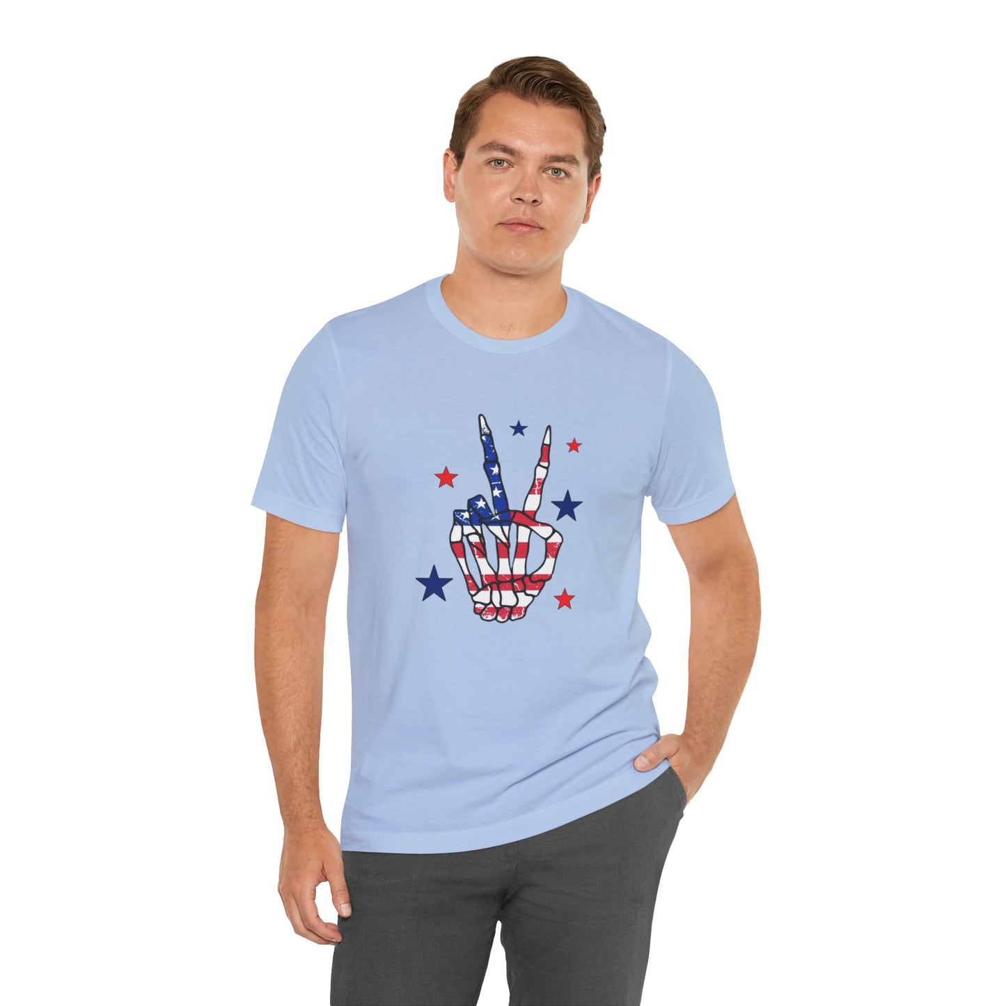 Patriotic Skeleton Peace Hand Unisex Jersey Short Sleeve Tee