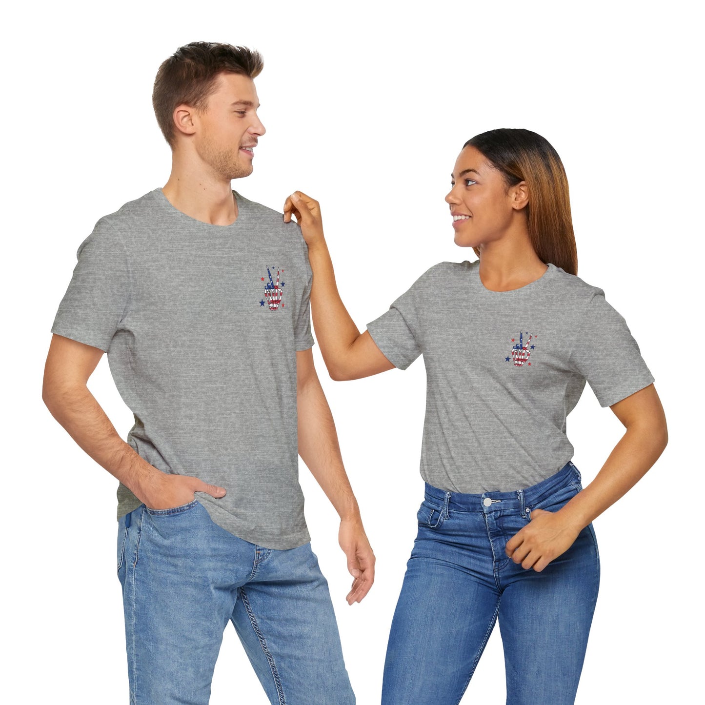 Patriotic Skeleton Peace Hand (Front & Back) Unisex Jersey Short Sleeve Tee