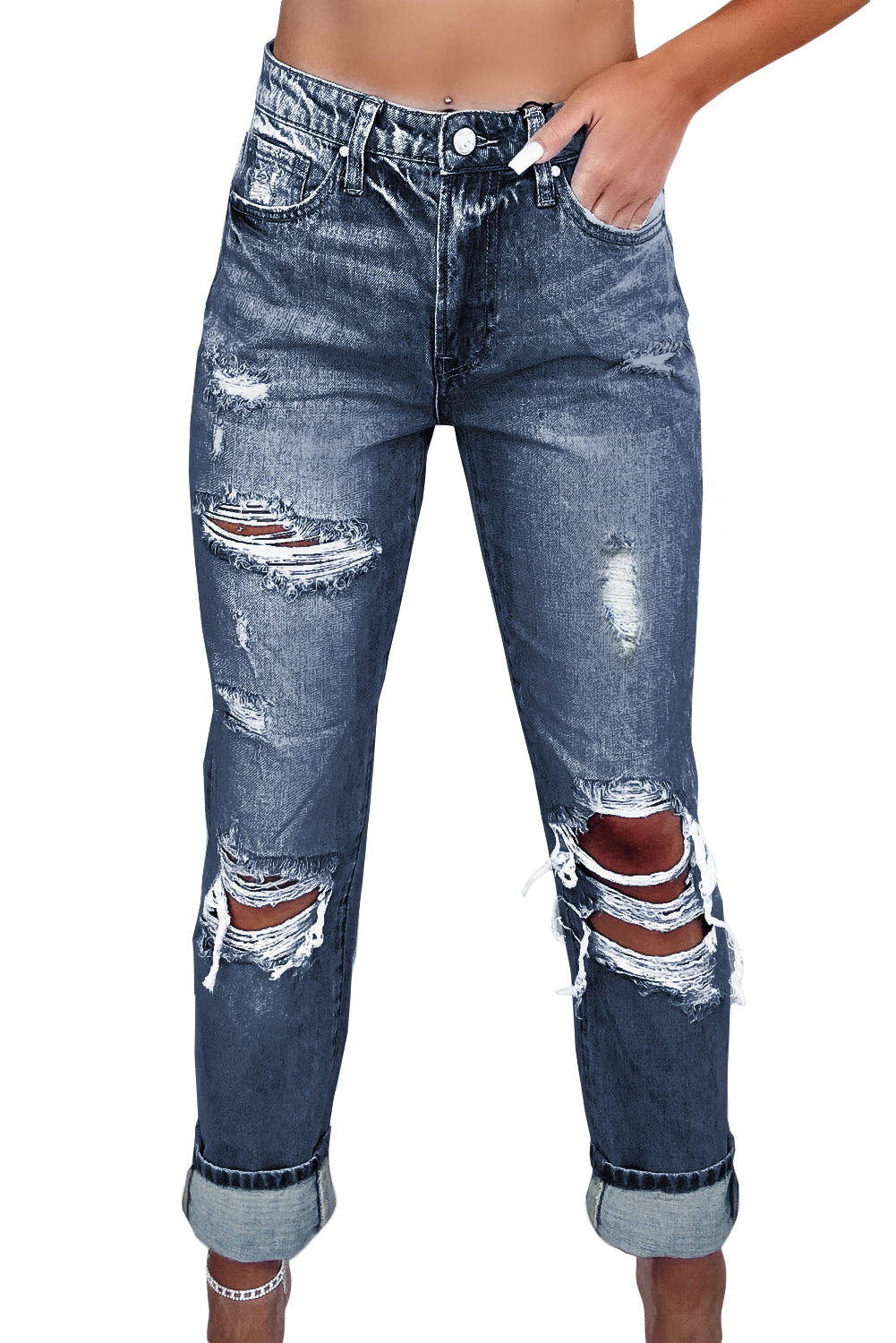 Sky Blue Light Wash Frayed Slim Fit High Waist Jeans