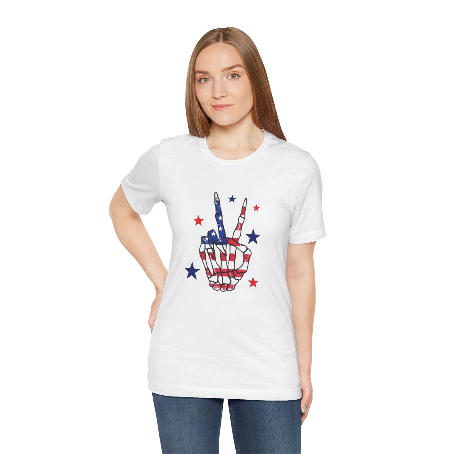 Patriotic Skeleton Peace Hand Unisex Jersey Short Sleeve Tee