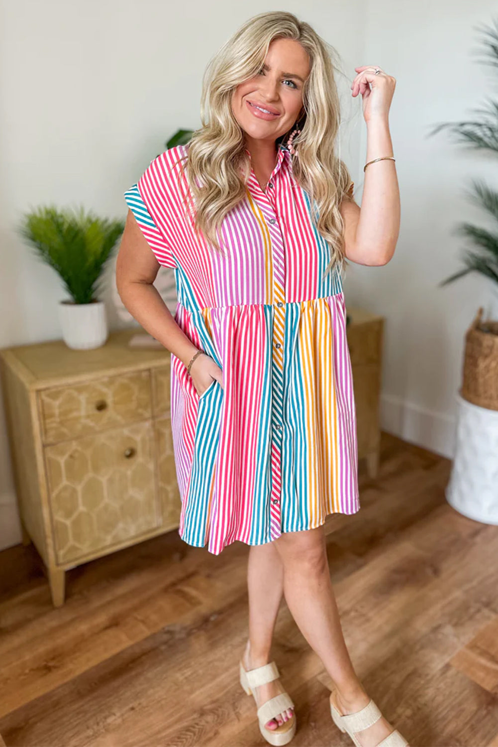 Multicolour Colorblock Striped Short Sleeve Buttoned Shirt Dress