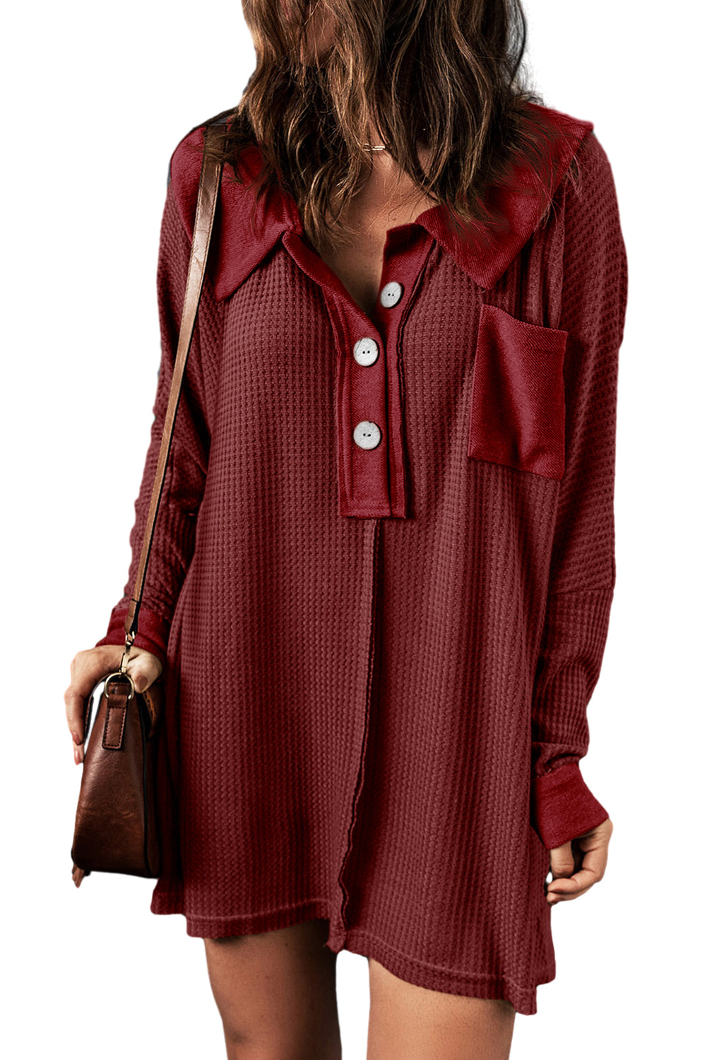 Waffle Knit Buttoned Long Sleeve Top