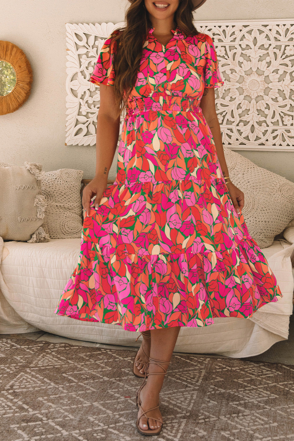 Pink Floral Short Sleeve Smocked Waist Maxi Dress