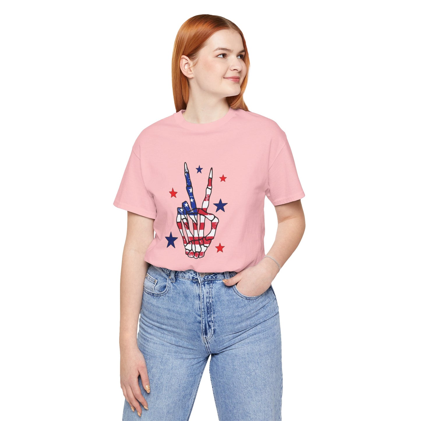 Patriotic Skeleton Peace Hand Unisex Jersey Short Sleeve Tee