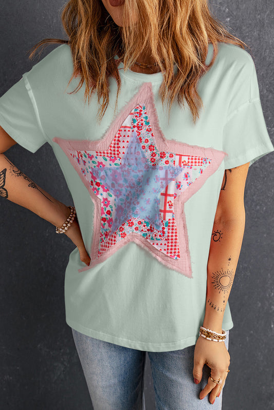 Meadow Mist Green Star Patchwork Loose T-shirt