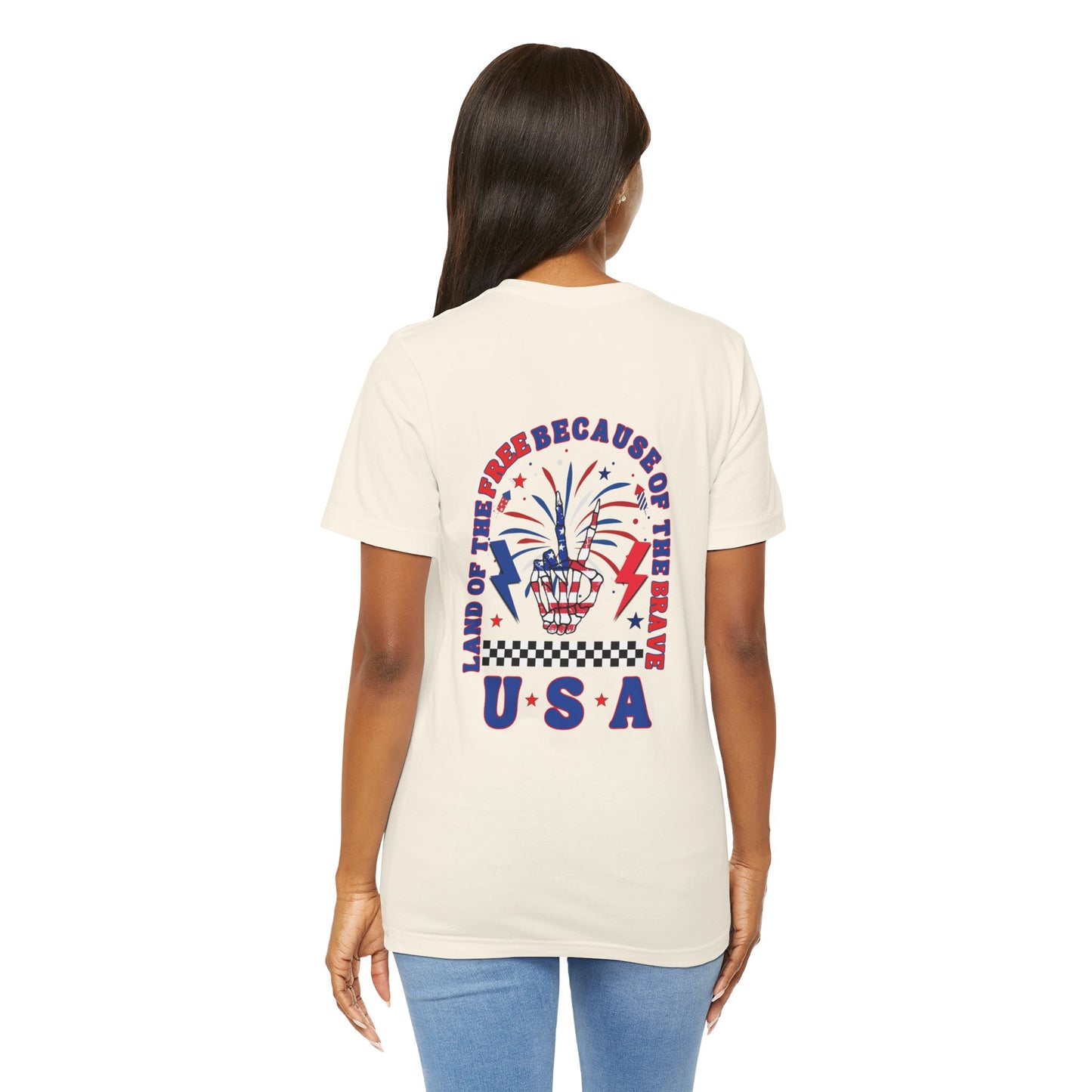 Patriotic Skeleton Peace Hand (Front & Back) Unisex Jersey Short Sleeve Tee