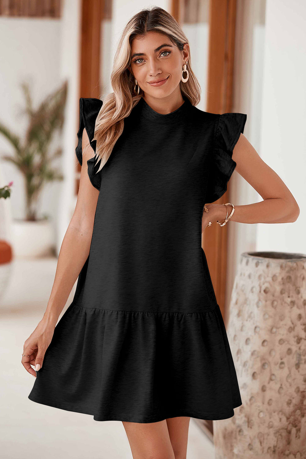 White Flutter Sleeve Crew Neck Shift Dress