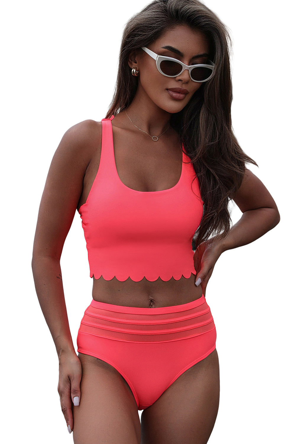 Pink Scalloped Criss Cross High Waist Bikini