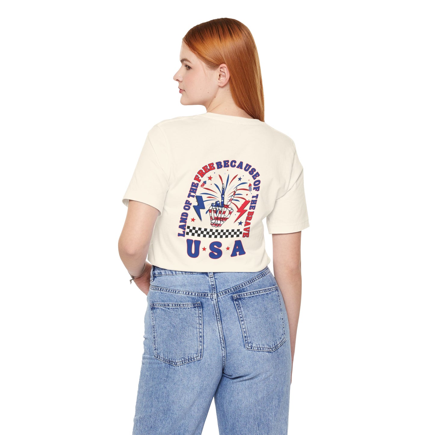 Patriotic Skeleton Peace Hand (Front & Back) Unisex Jersey Short Sleeve Tee