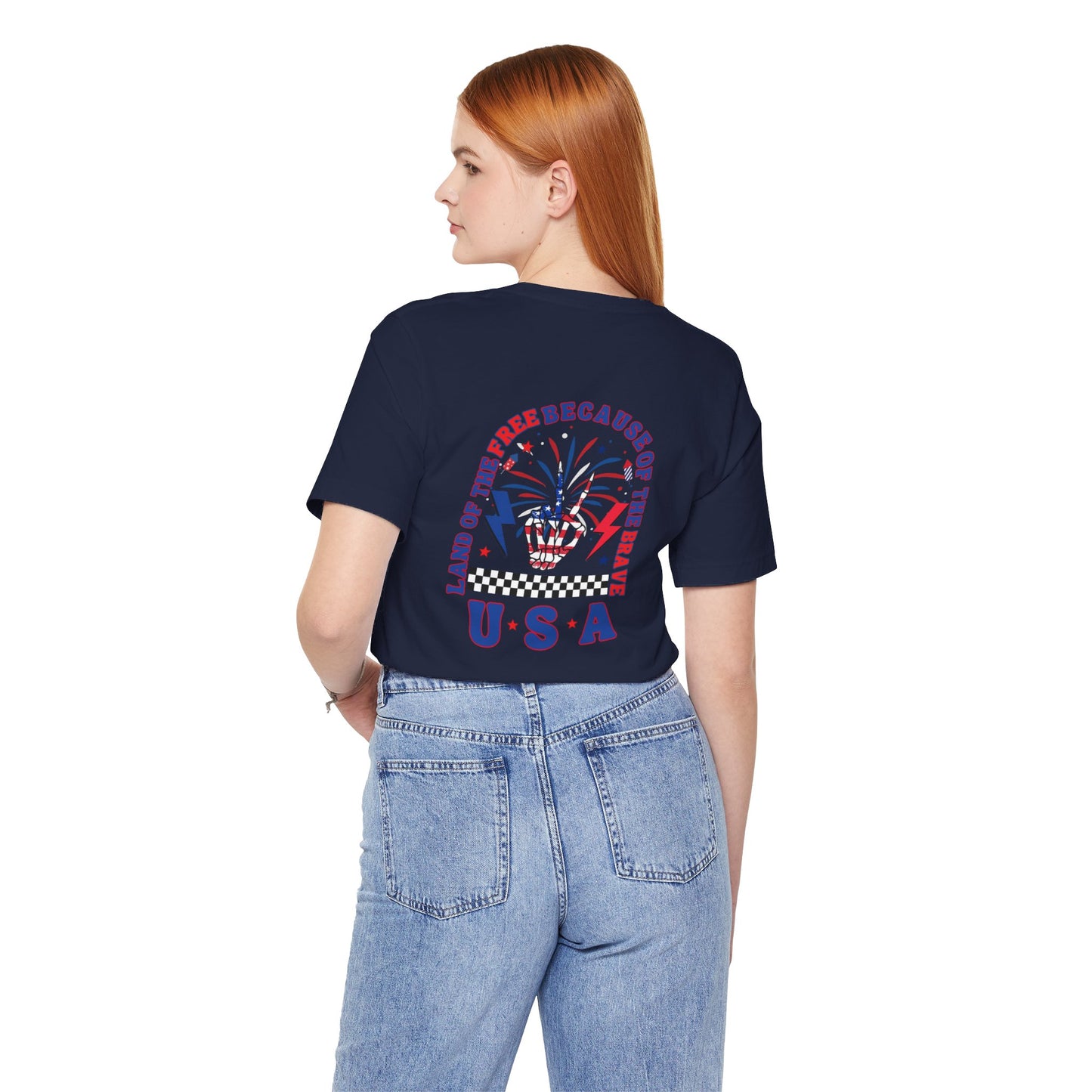 Patriotic Skeleton Peace Hand (Front & Back) Unisex Jersey Short Sleeve Tee