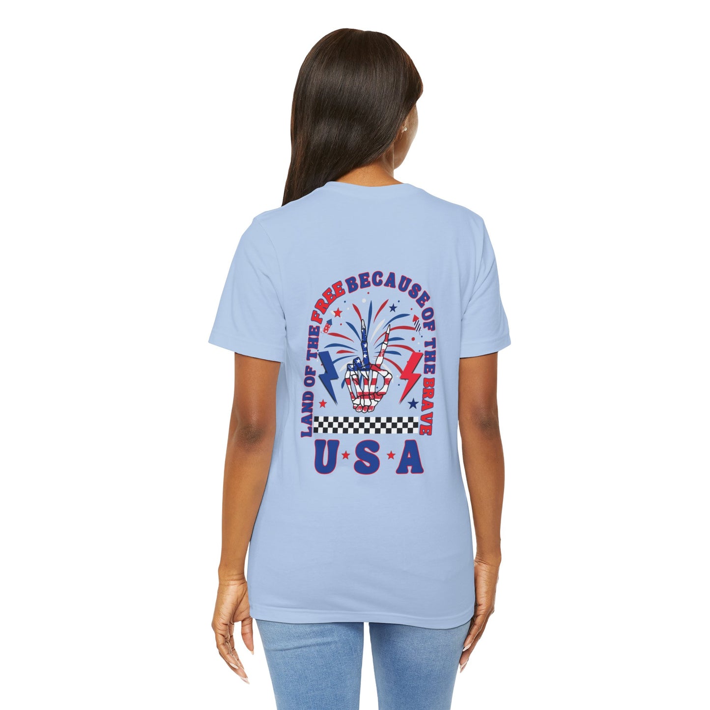 Patriotic Skeleton Peace Hand (Front & Back) Unisex Jersey Short Sleeve Tee