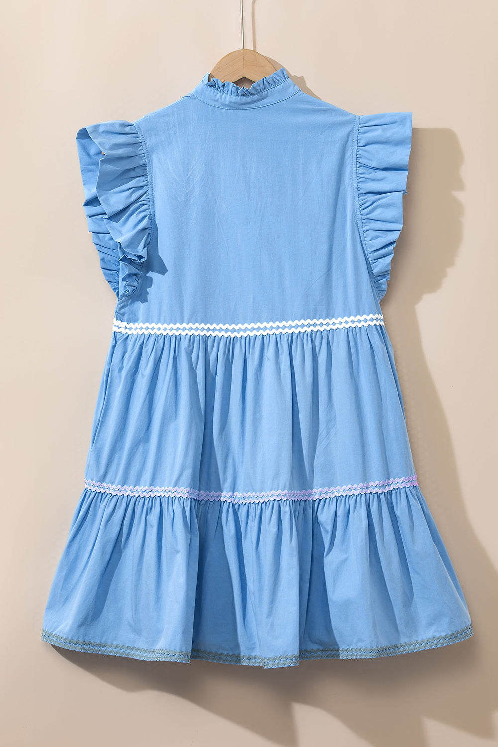 Beau Blue Ric Rac Colorblock Flutter Sleeve V Neck Tiered Dress