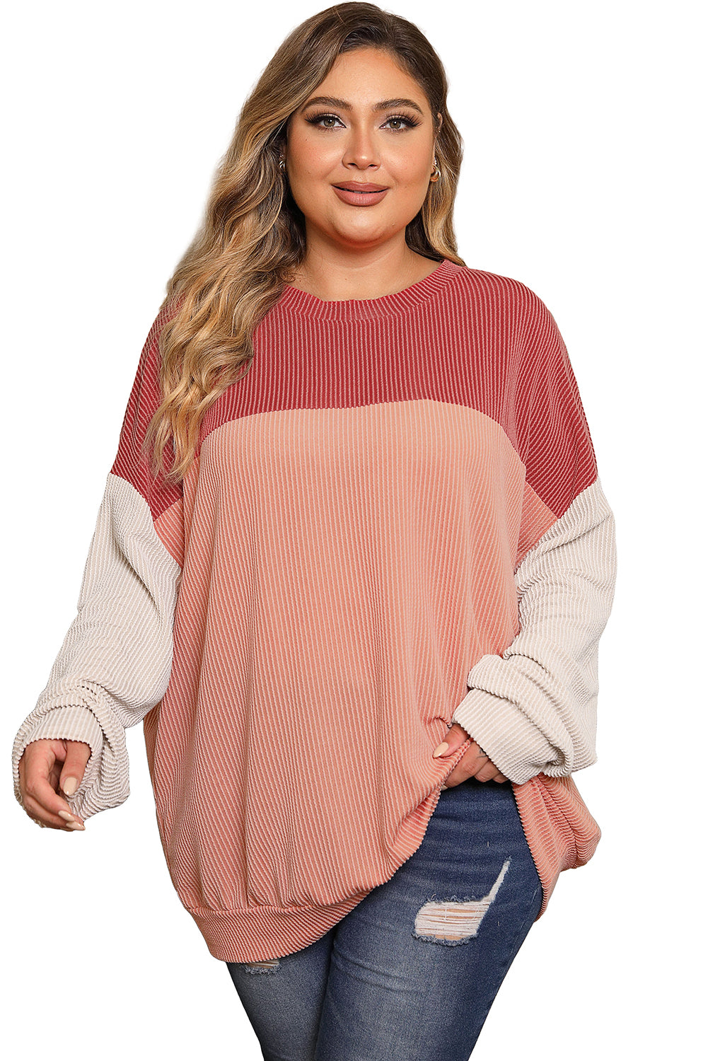 Mineral Red Plus Size Ribbed Colorblock Long Sleeve Top