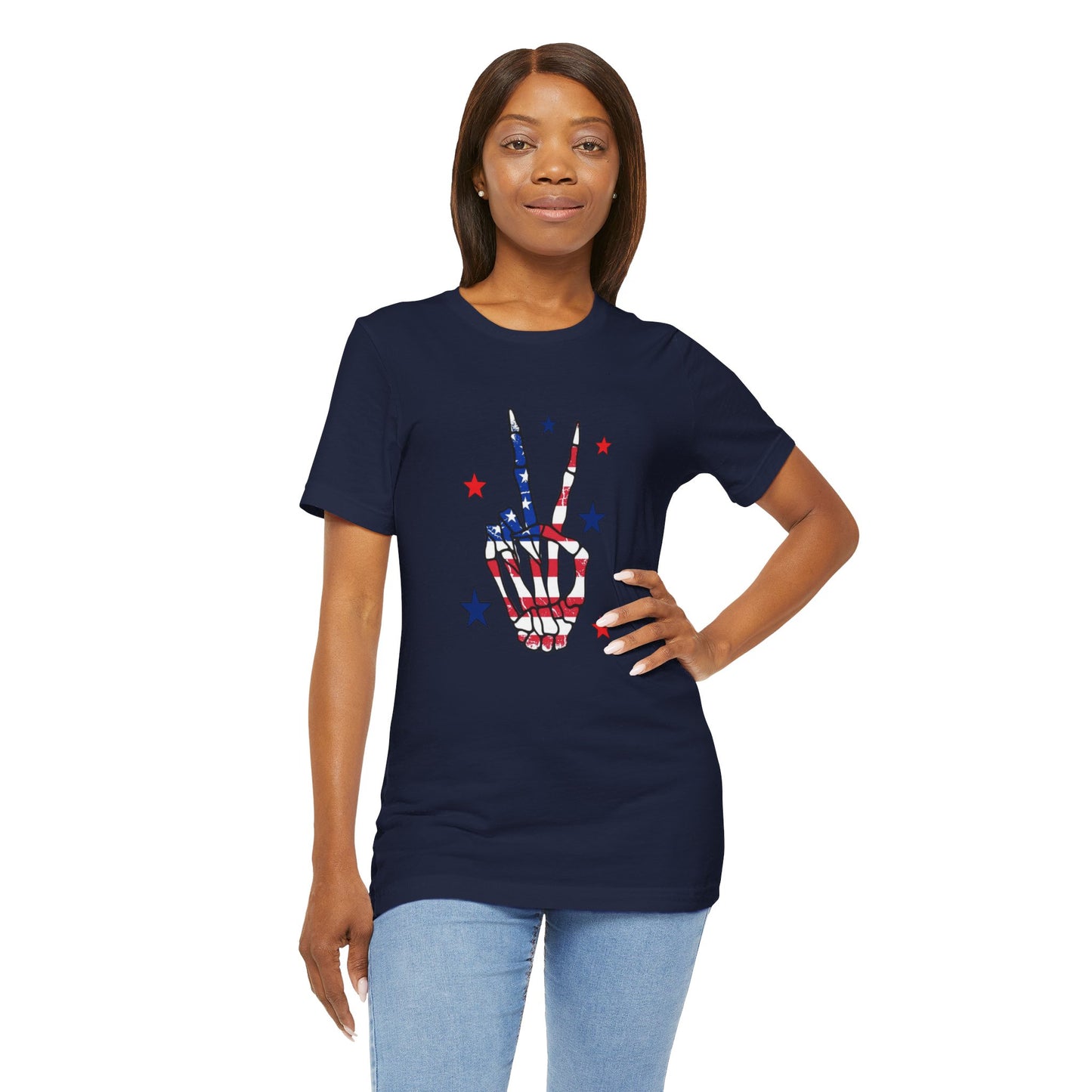 Patriotic Skeleton Peace Hand Unisex Jersey Short Sleeve Tee