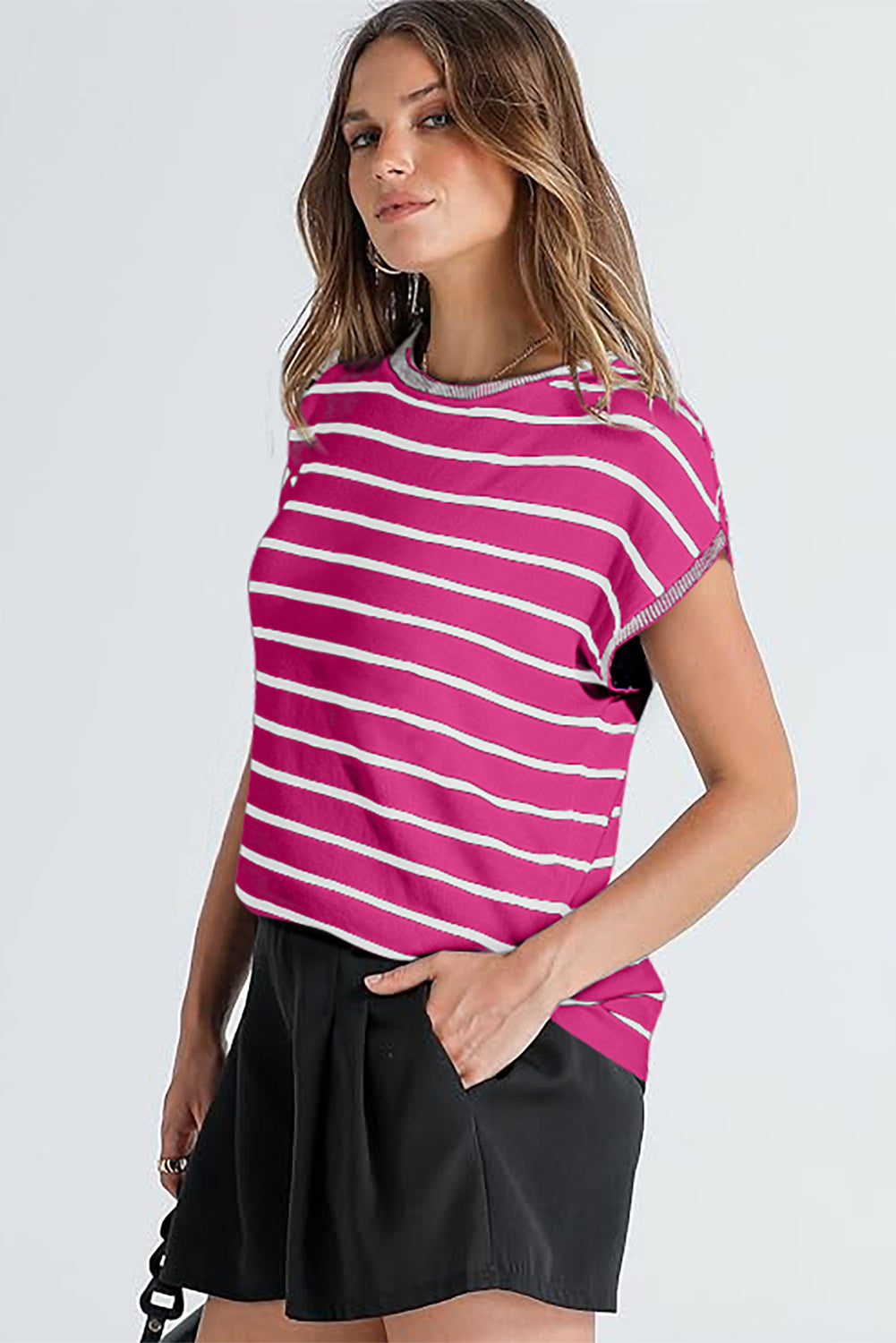 Striped Knitted Bat Sleeve T Shirt