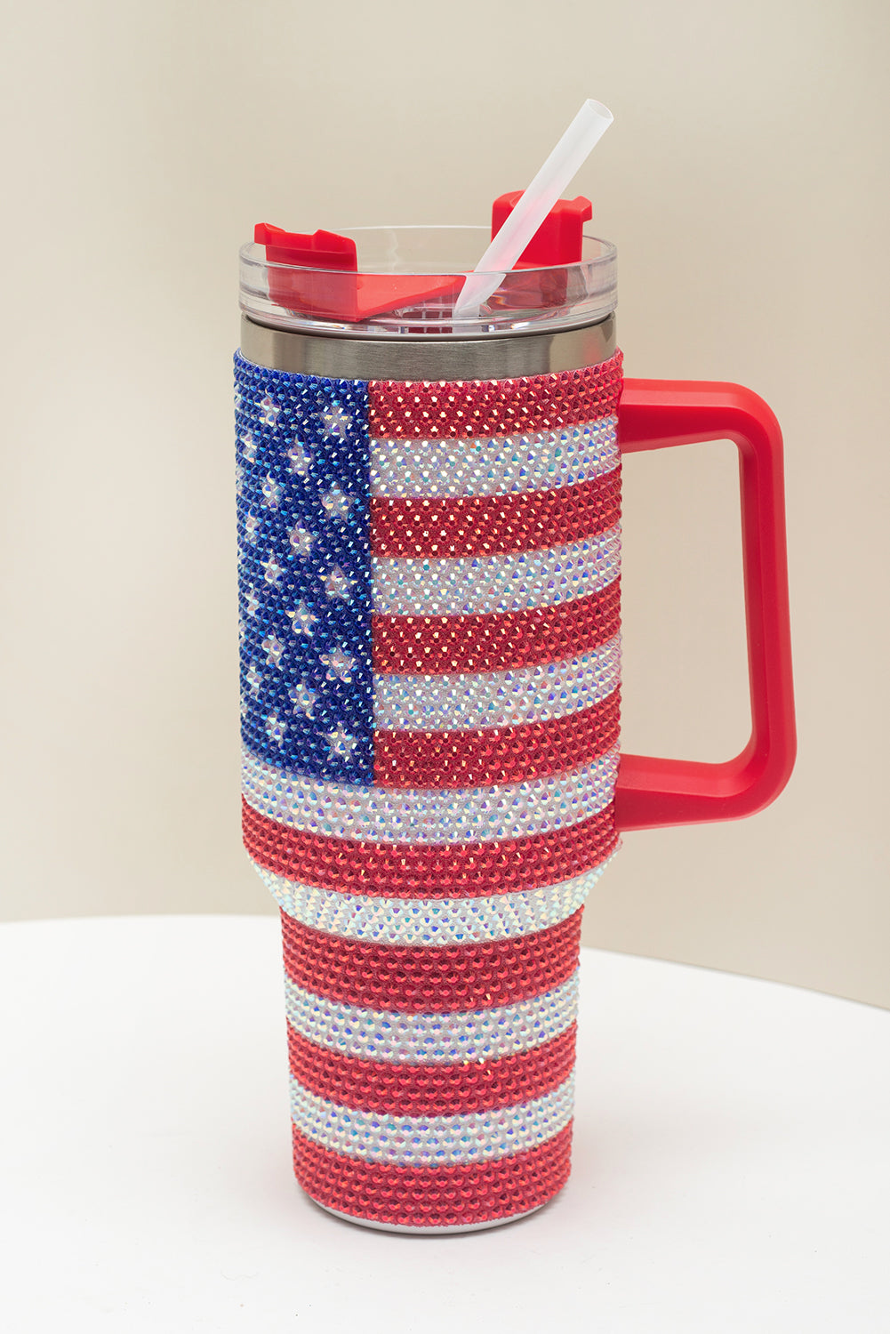 Rhinestone American Flag Print Handled 40oz Thermos Tumbler