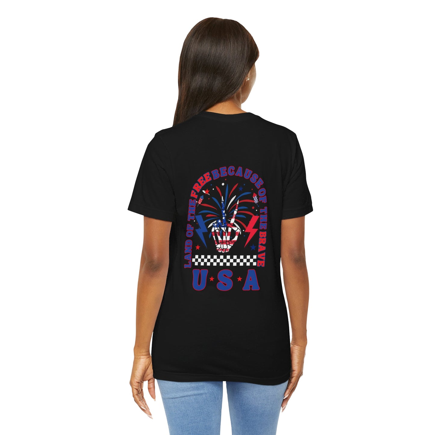 Patriotic Skeleton Peace Hand (Front & Back) Unisex Jersey Short Sleeve Tee