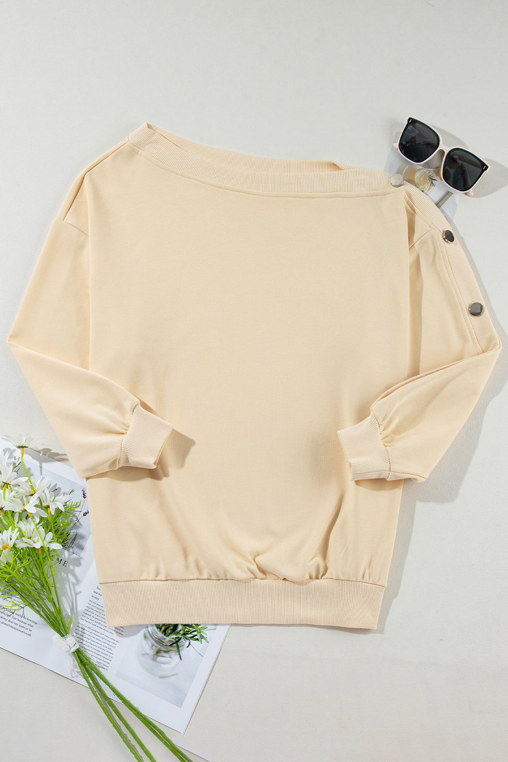 Beige Buttoned Sleeve Drop Shoulder Sweatshirt