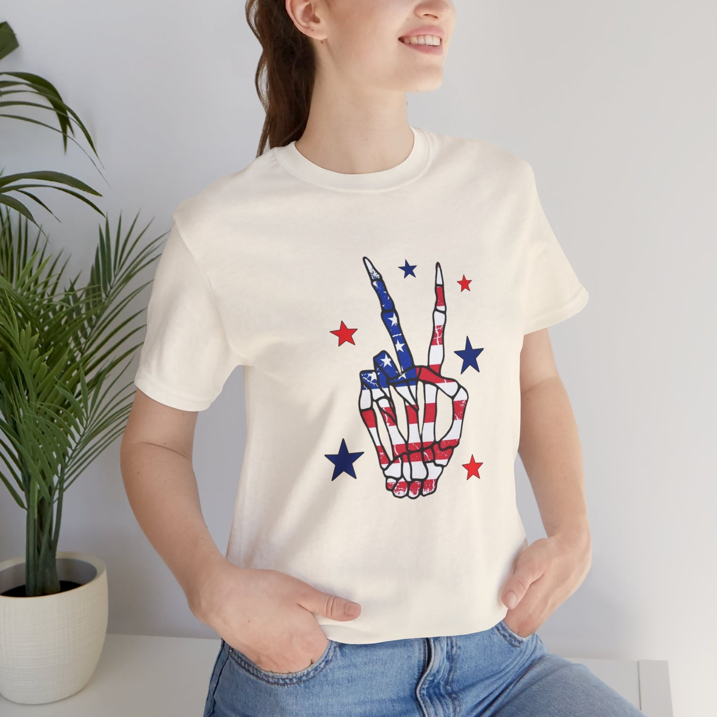 Patriotic Skeleton Peace Hand Unisex Jersey Short Sleeve Tee