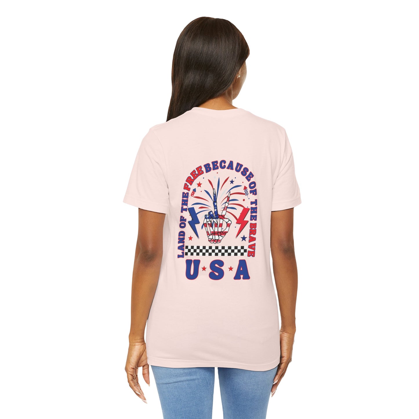 Patriotic Skeleton Peace Hand (Front & Back) Unisex Jersey Short Sleeve Tee