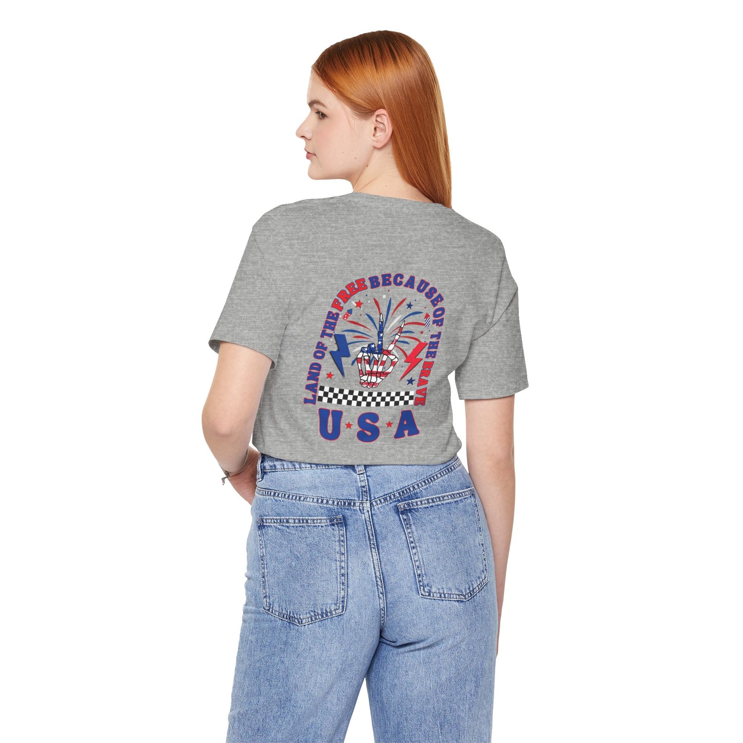 Patriotic Skeleton Peace Hand (Front & Back) Unisex Jersey Short Sleeve Tee