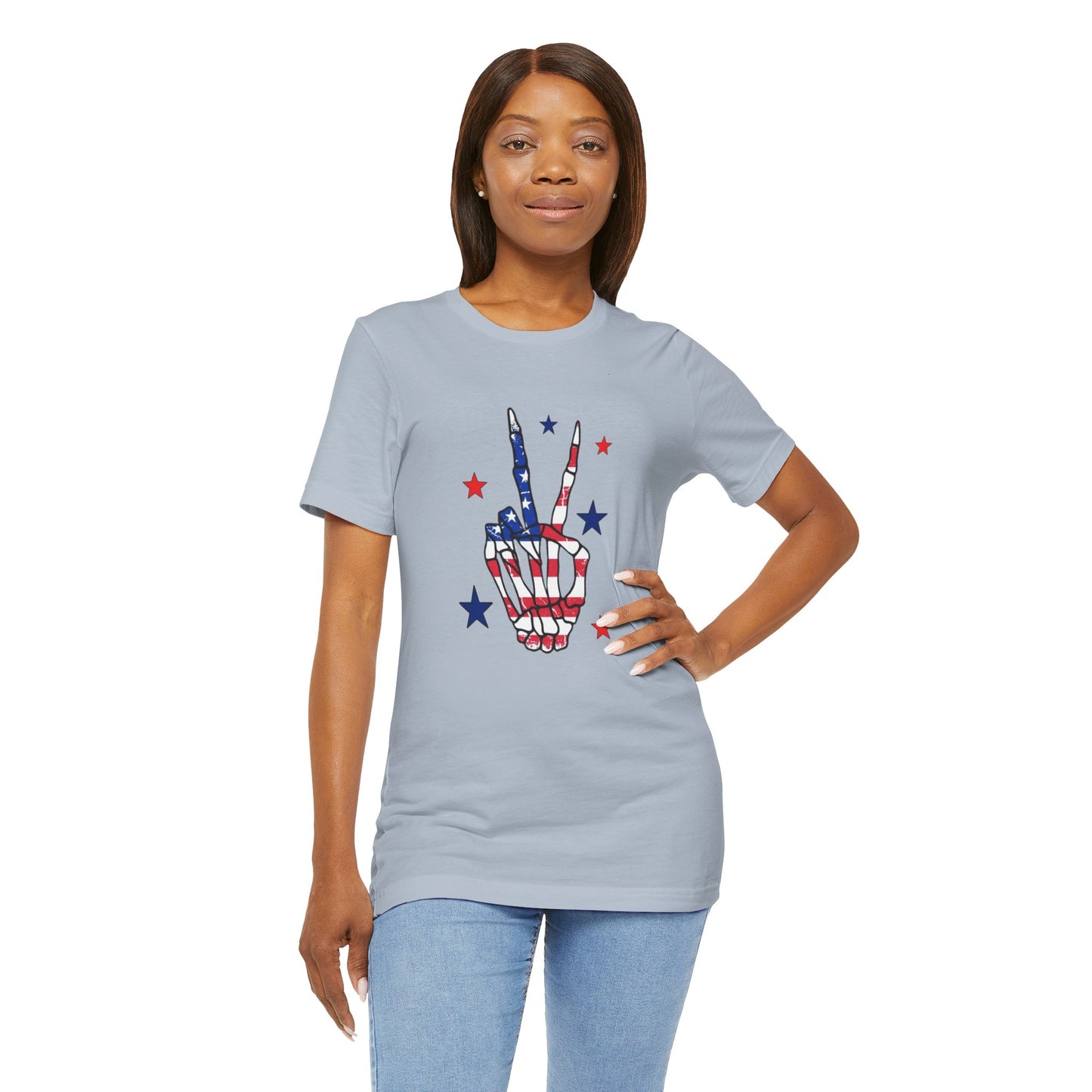 Patriotic Skeleton Peace Hand Unisex Jersey Short Sleeve Tee