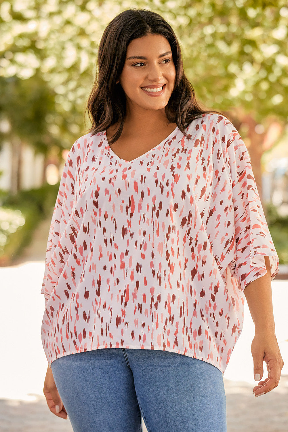 Yellow Printed Printed 3/4 Dolman Sleeve Plus Size Blouse