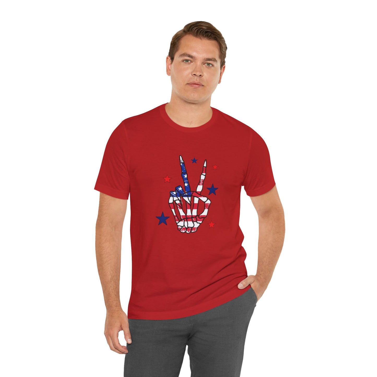 Patriotic Skeleton Peace Hand Unisex Jersey Short Sleeve Tee