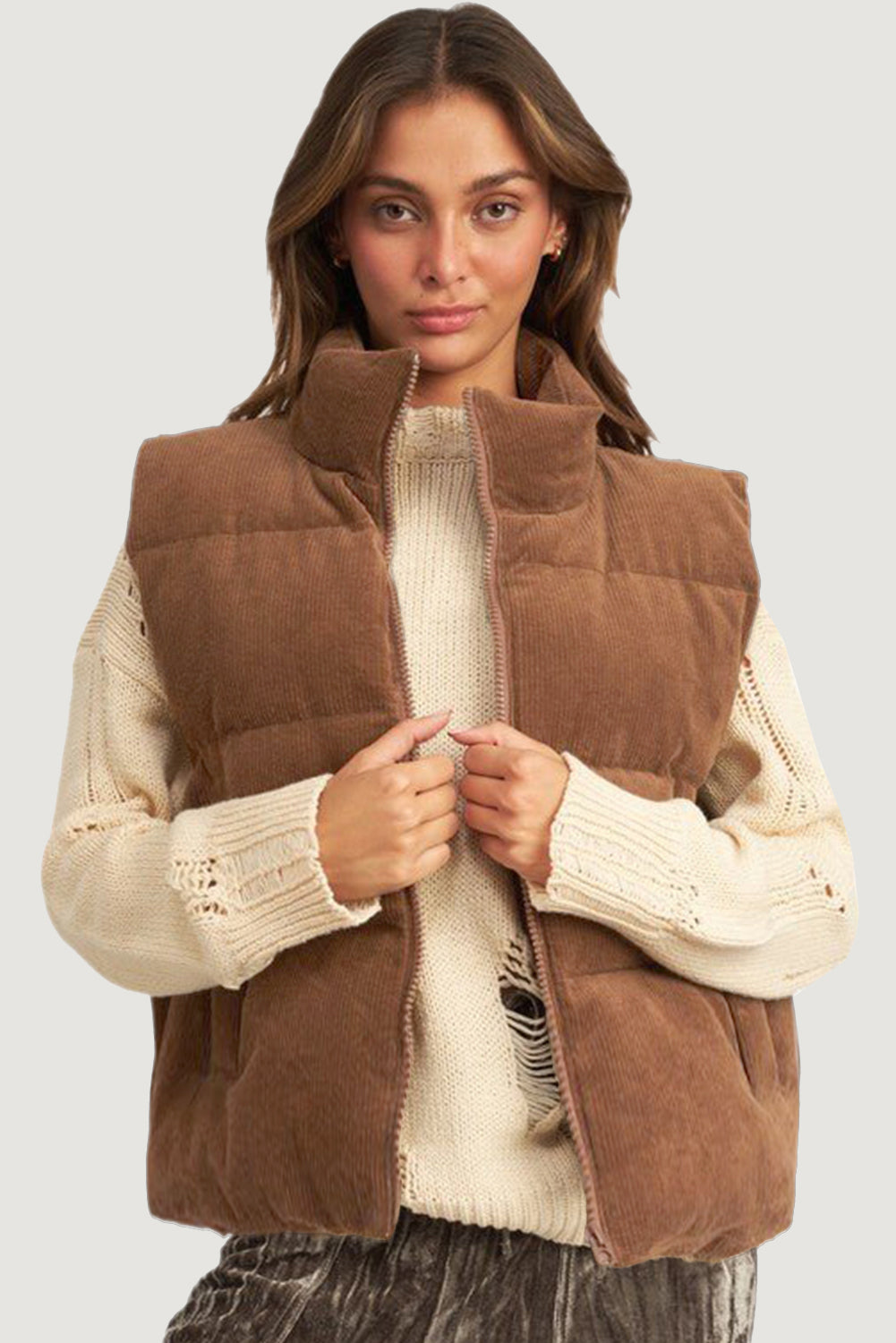 Corduroy Stand Neck Zipped Puffer Vest