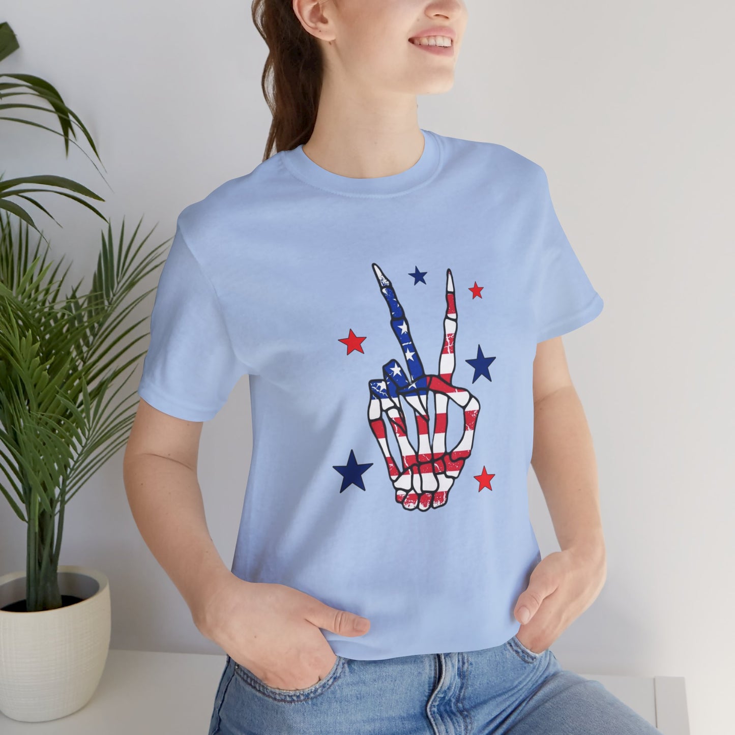 Patriotic Skeleton Peace Hand Unisex Jersey Short Sleeve Tee