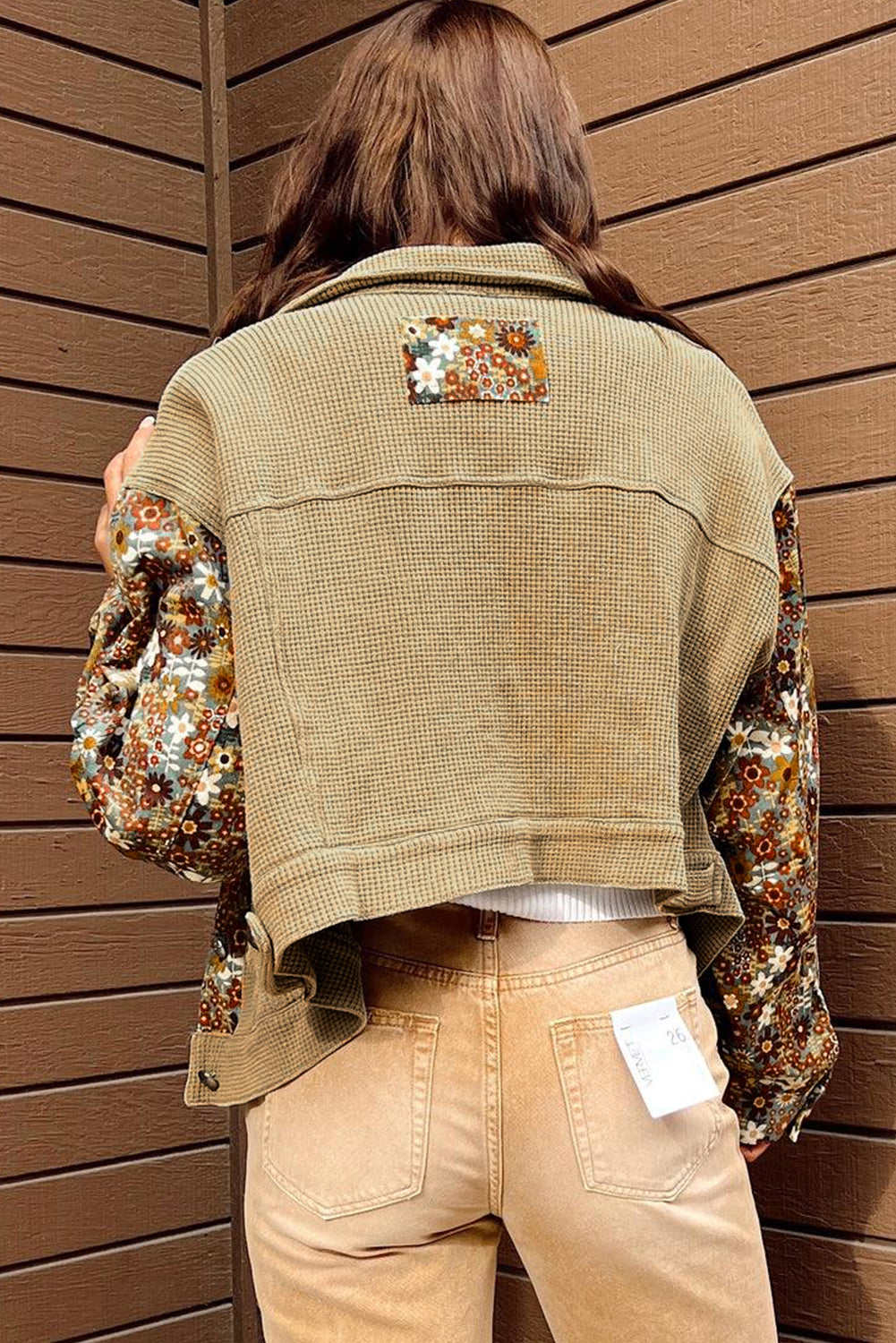 Waffle Knit Floral Print Patchwork Button up Jacket