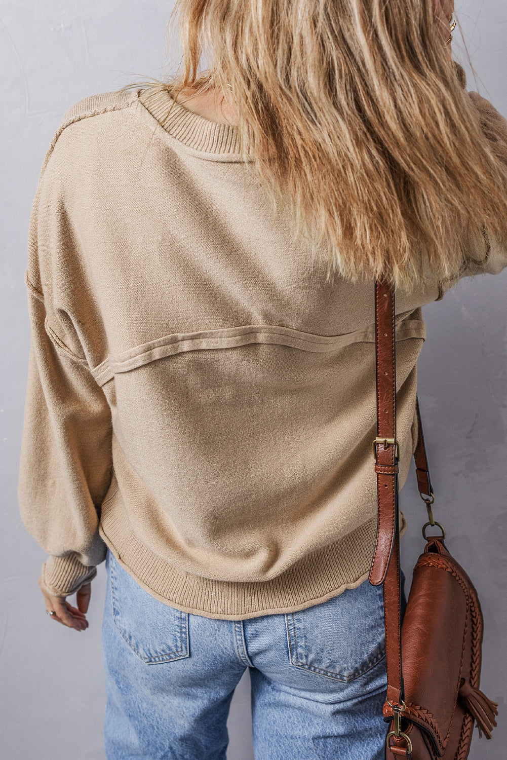 Orange Raw Edge Patch Pocket Exposed Seam Loose Sweater