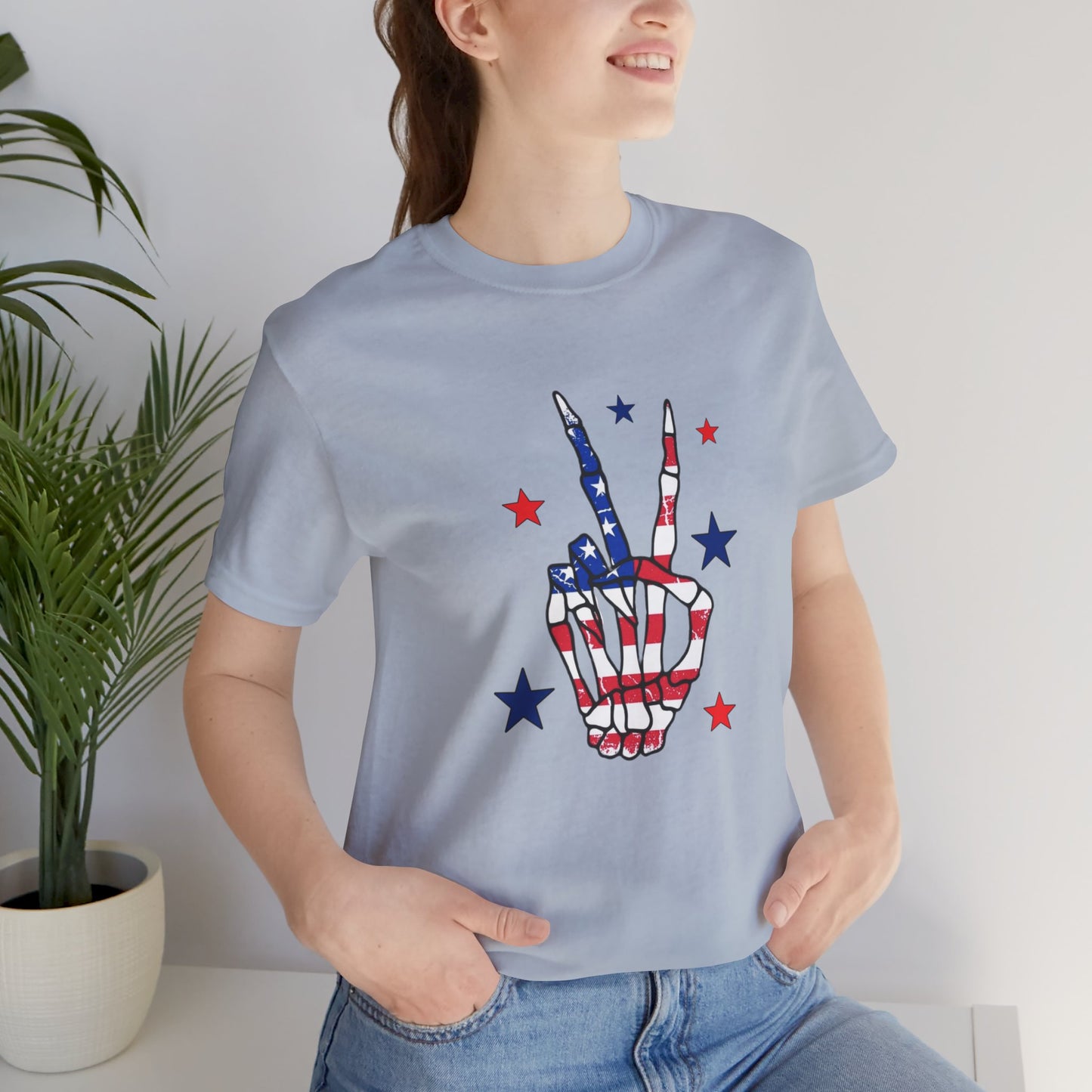 Patriotic Skeleton Peace Hand Unisex Jersey Short Sleeve Tee