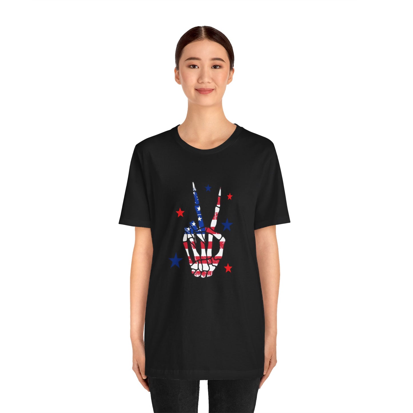 Patriotic Skeleton Peace Hand Unisex Jersey Short Sleeve Tee