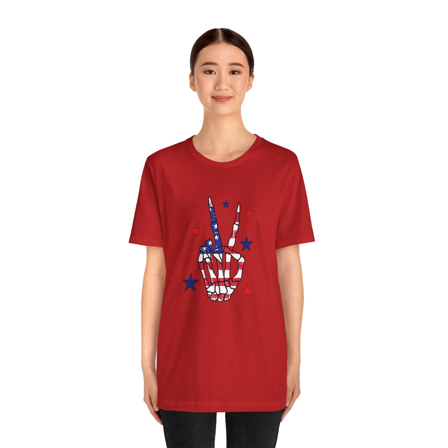 Patriotic Skeleton Peace Hand Unisex Jersey Short Sleeve Tee