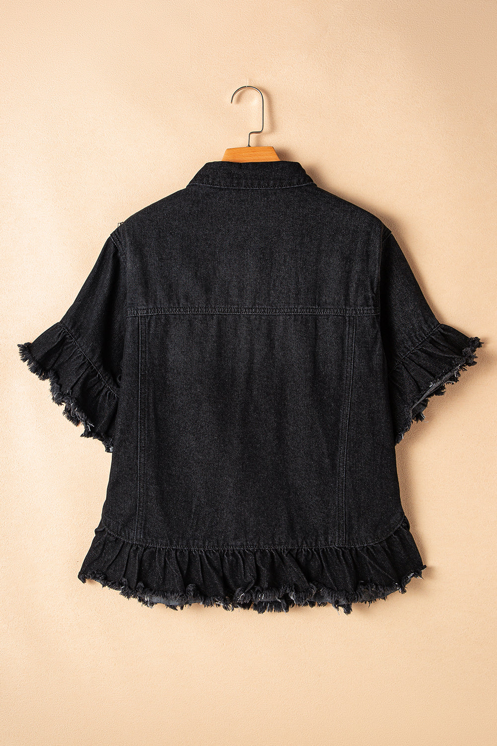 Raw Edge Ruffled Short Sleeve Denim Jacket