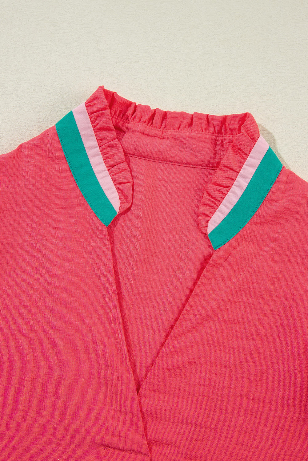 Colorful Trim V Neck Short Sleeve Blouse