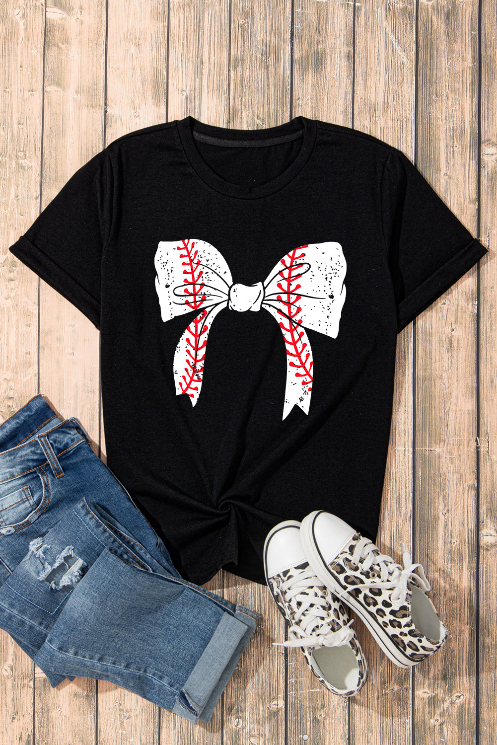 Gray Baseball Bowknot Graphic Casual Tee