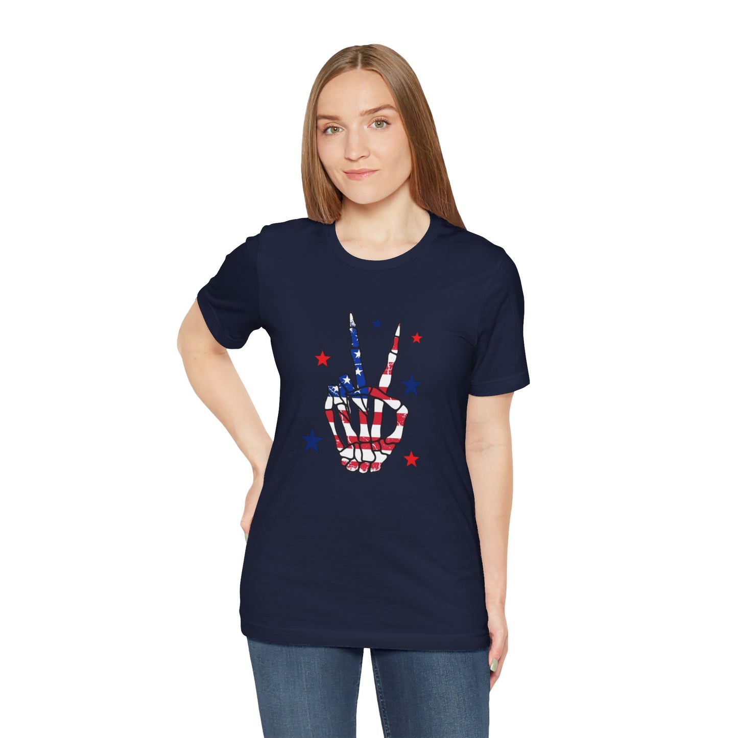 Patriotic Skeleton Peace Hand Unisex Jersey Short Sleeve Tee