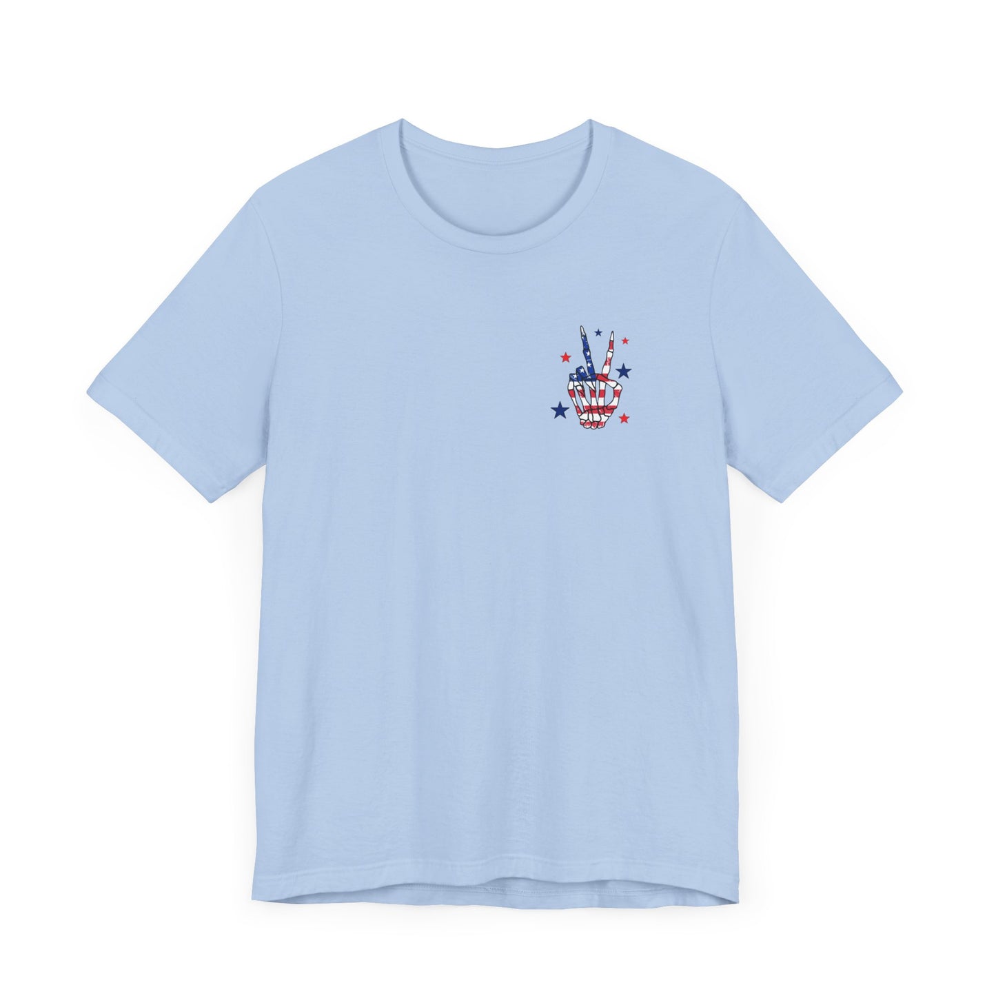 Patriotic Skeleton Peace Hand (Front & Back) Unisex Jersey Short Sleeve Tee