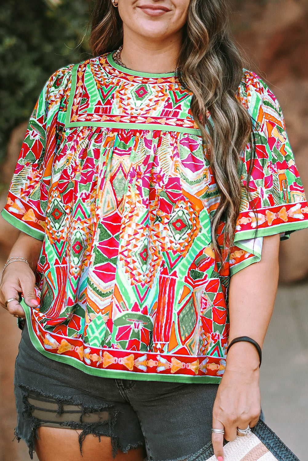 Cute Fashion Printed Wide Sleeve Plus Size Blouse