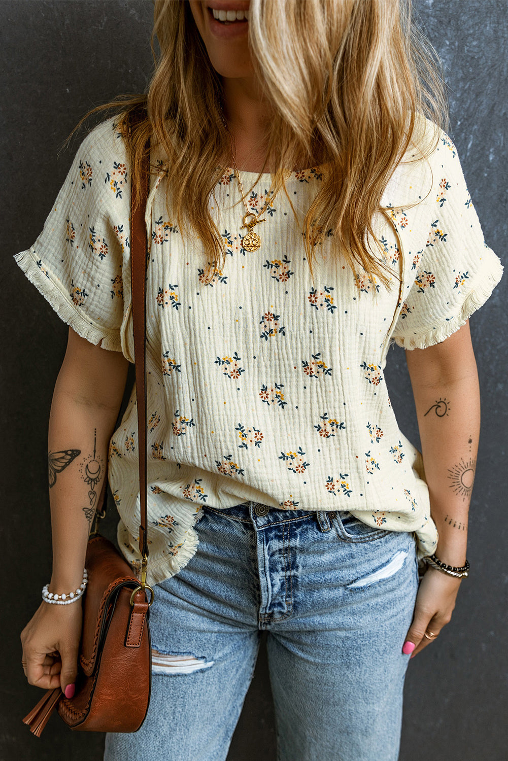 Floral Detail Fringe Trimming Textured Top