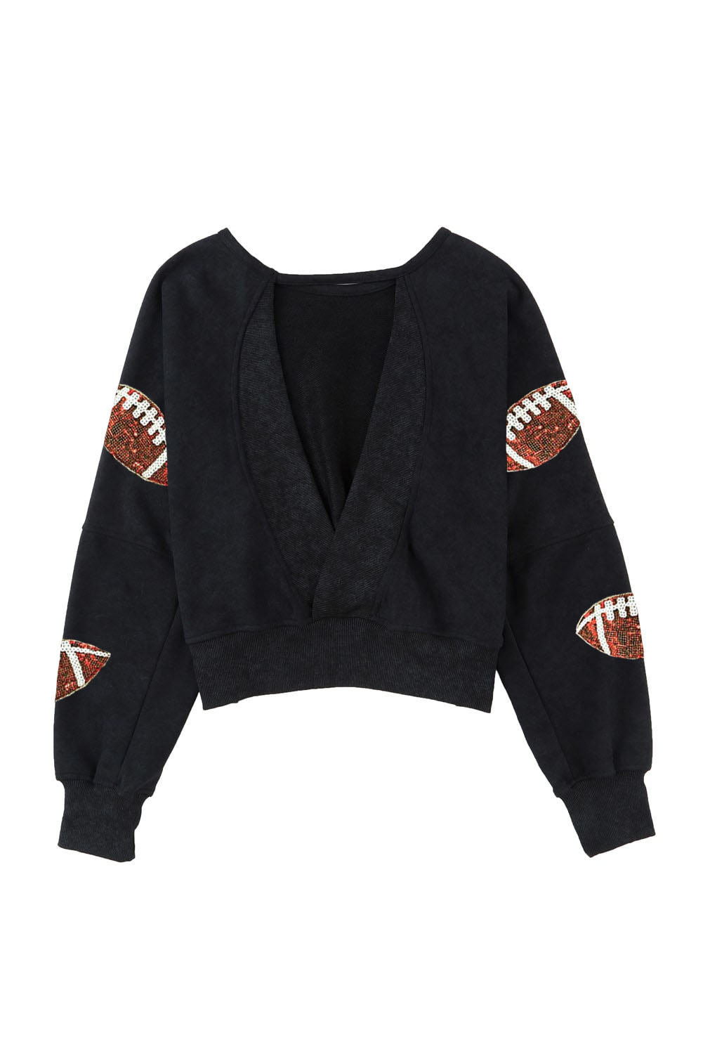 Black Sequined Football Graphic Open Back Sweatshirt