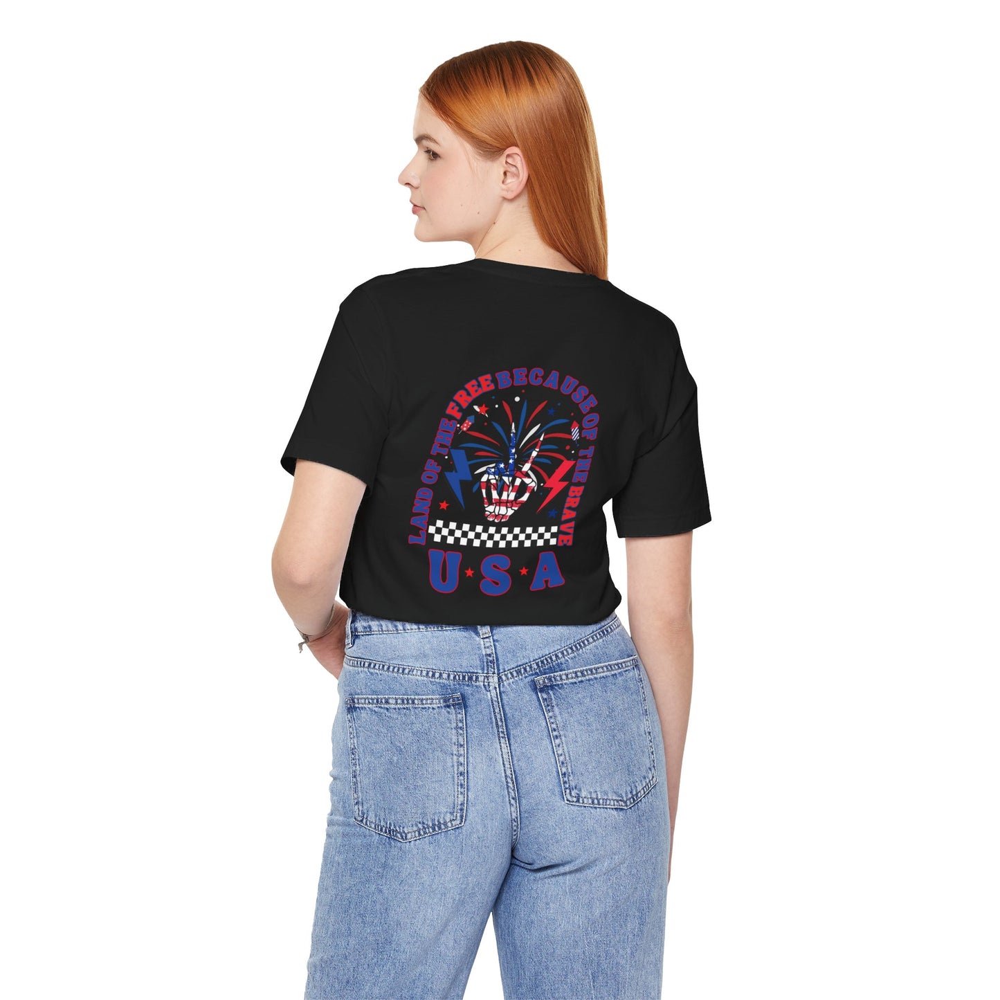 Patriotic Skeleton Peace Hand (Front & Back) Unisex Jersey Short Sleeve Tee