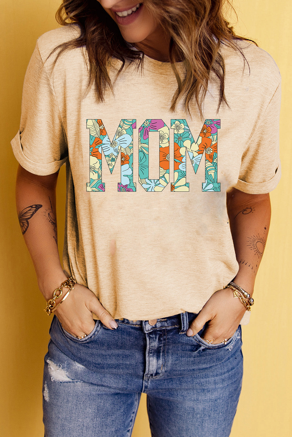 Khaki MOM Floral Letter Print T Shirt