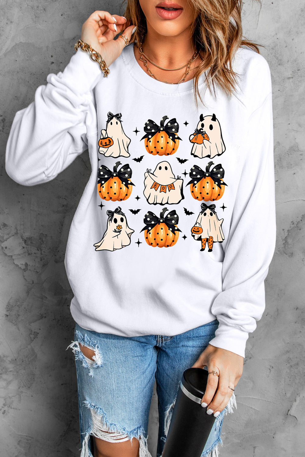 Halloween Ghost Pumpkin Print Crew Neck Sweatshirt